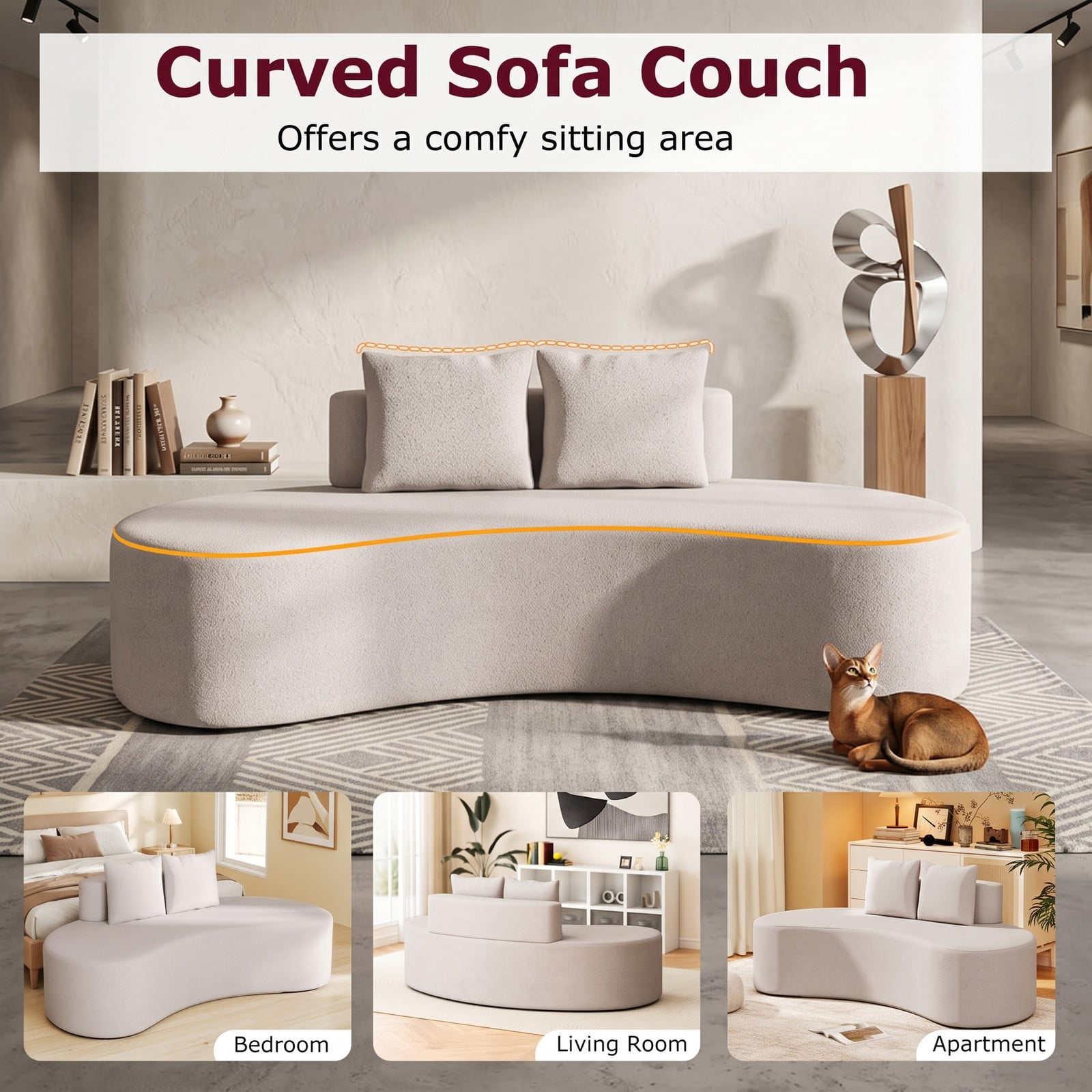 Furnibear Upholstered Curved Sofa for 3, Modern Polyester Fabric Loveseat Couch with 2 Cozy Throw Pillows, Low Backrest, Non-Slip Bottom, 440 lbs Capacity for, Gray