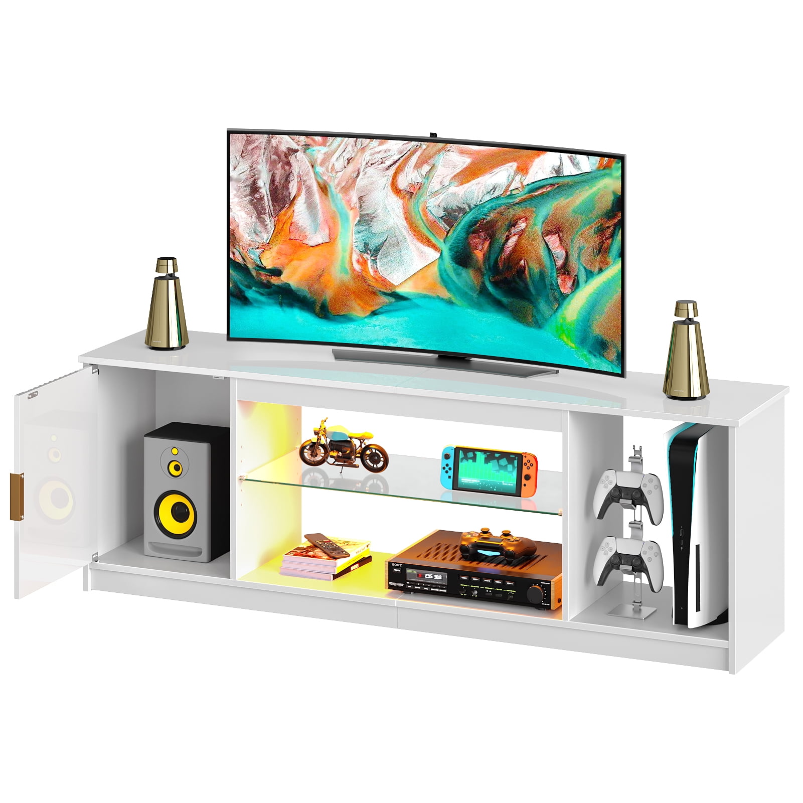 Bestier High Glossy TV Stand for 65 inch TVs with LED Lights, Fluted Entertainment Center with Storage Cabinet & Shelves,TV Console Table for PS5,White