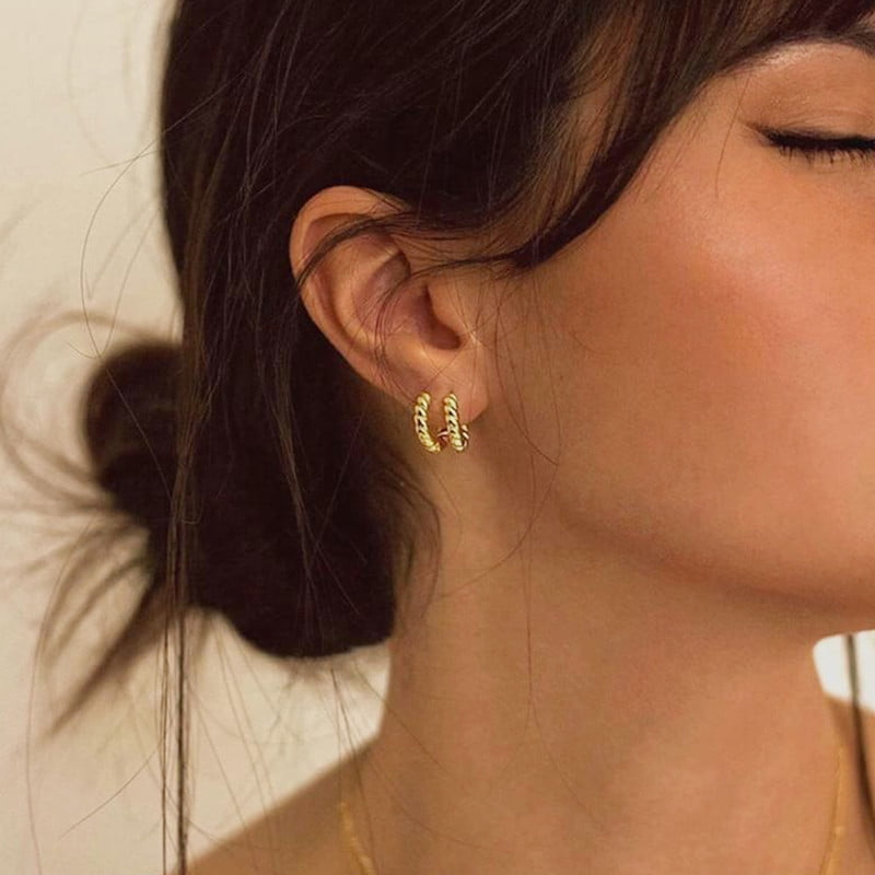 Alexcraft Gold Hoop Earrings Set for Women - 14K Gold Plated Chunky Hoops Twisted Huggie Hoop Earrings for Gift Lightweight - Woman Hypoallergenic Stackable Earrings Multiple Piercing