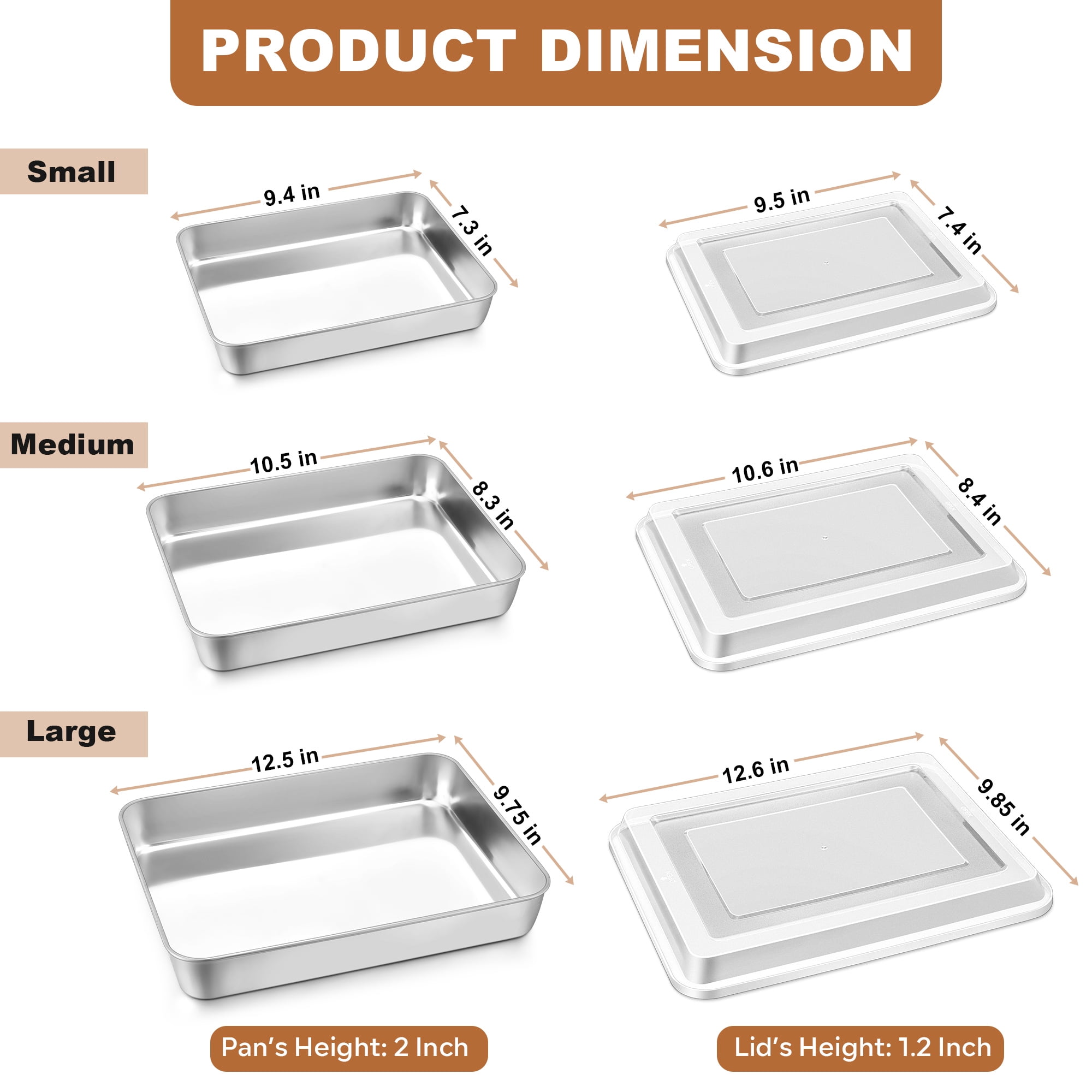 Vesteel Stainless Steel Baking Pan with Lid, 12.5/10.5/9.4 inch Rectangle Sheet Cake Pans with Covers Bakeware Set for Cakes Brownies Casseroles, Non-toxic & Dishwasher Safe