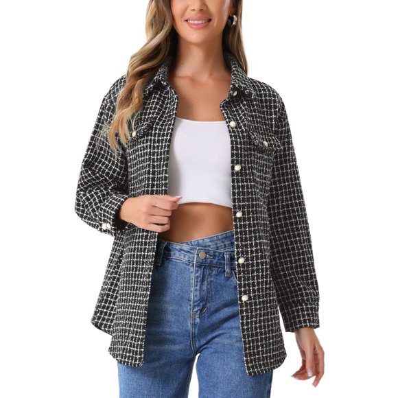 INSPIRE CHIC Tweed Shirt Jacket for Women's Plaids Long Sleeves Loose Shirt Black M