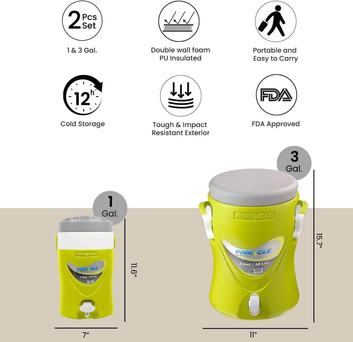 Pinnacle 3 Gallon Water Cooler with Spout and 1 Gallon Jug Set Portable Green