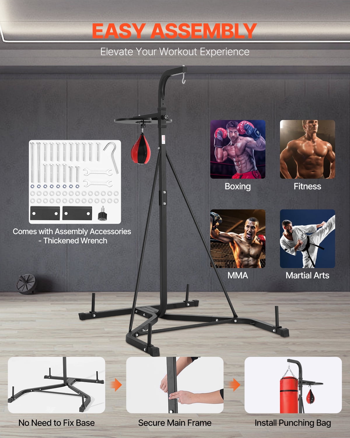 VEVOR 2 in 1 Punching Bag Stand, Steel Heavy Duty Workout Equipment, Adjustable Height Boxing Punching Bag and Speed Bag Stand, Freestanding Sandbag Rack, Holds Up to 140 lbs, for Home Gym Fitness