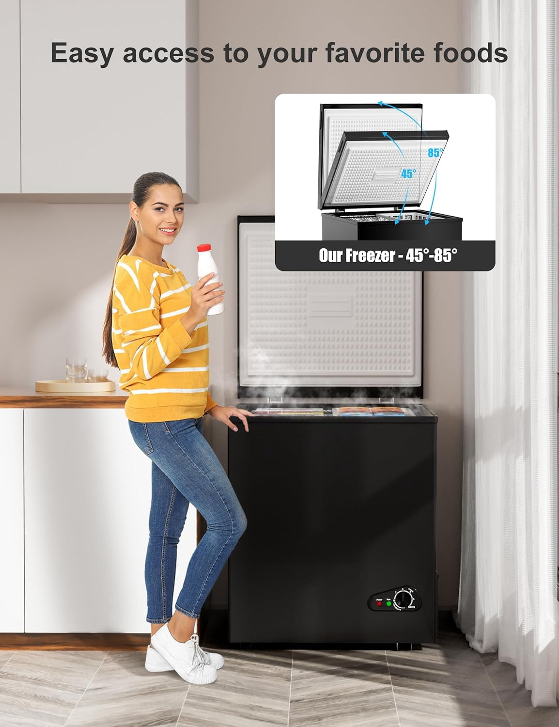 Kcpolre 2.8 Cu.Ft Mini Chest Freezer - 7 Modes Temperature Control, Compact Deep Freezer with Top Open Door, Removable Storage Basket - Black