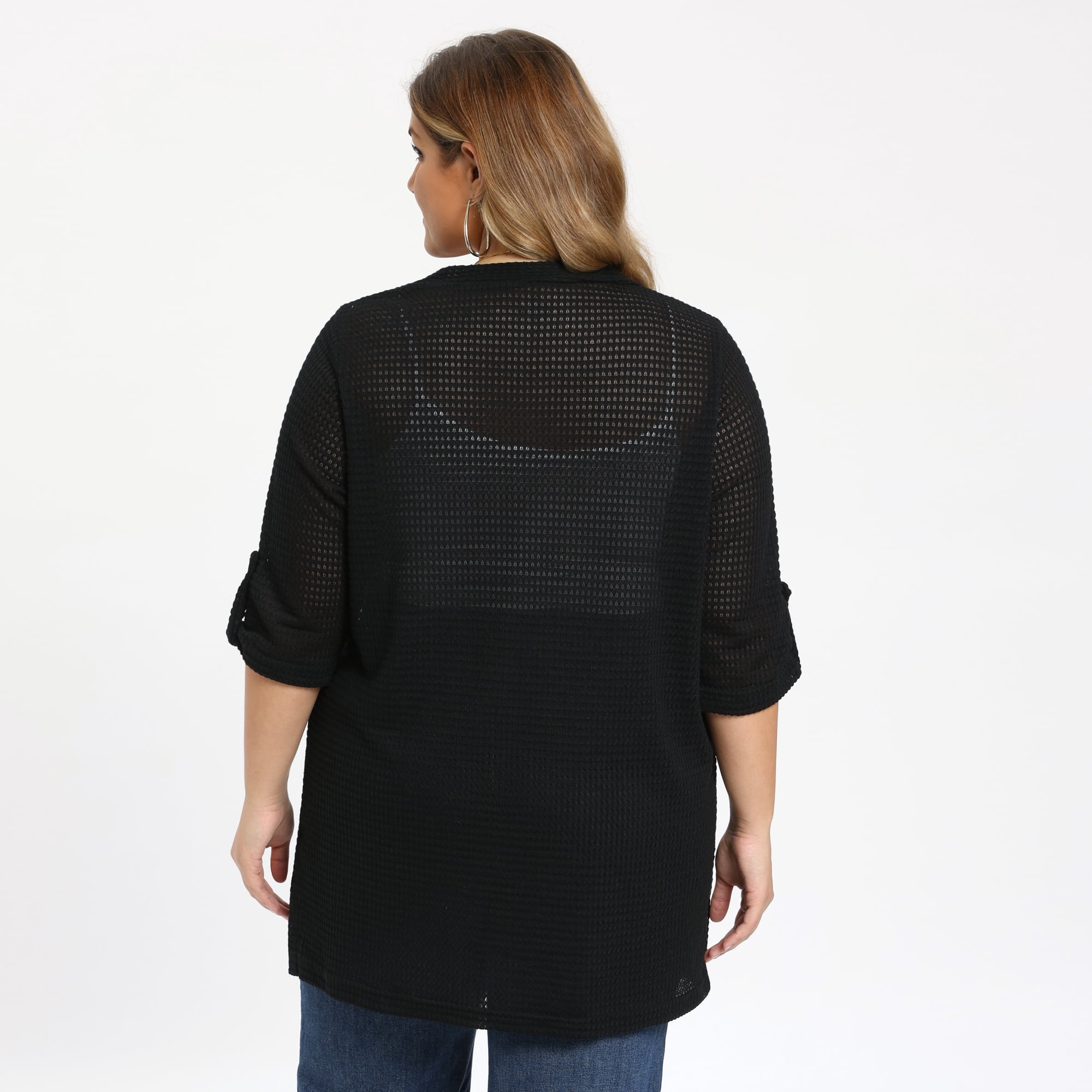 DARING DIVA Women's Plus Hollow Out 3/4 Sleeve Long Open Front Cover Up 1X Black