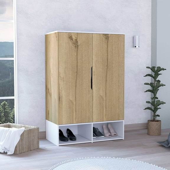 Bedroom Storage Rosie Armoire, Two Open Shelves, Double Door, Five Shelves, Hanging Rod -Light Oak / White,Bedroom Dressers