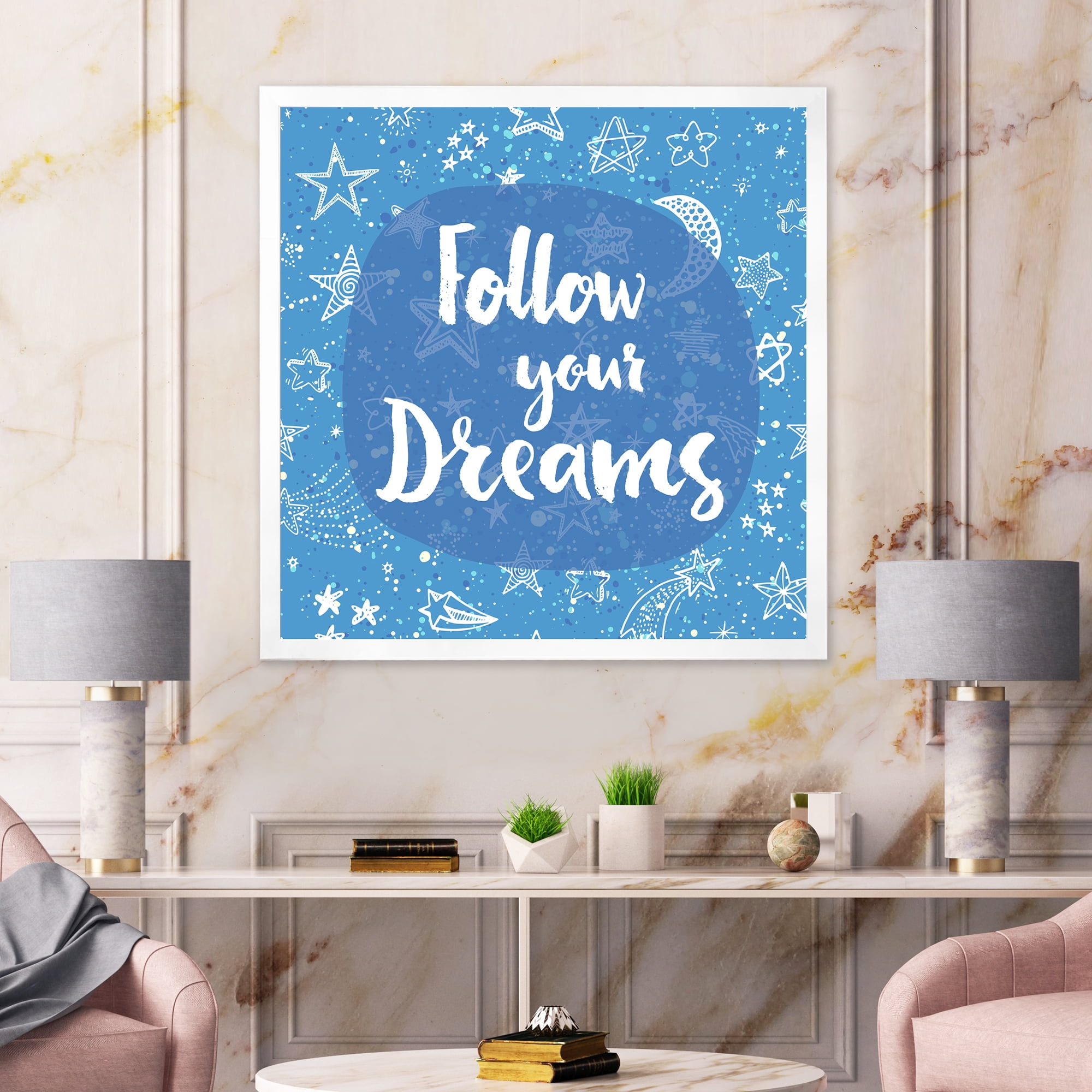 Designart 'Follow Your Dreams On Blue II' Modern Framed Art Print