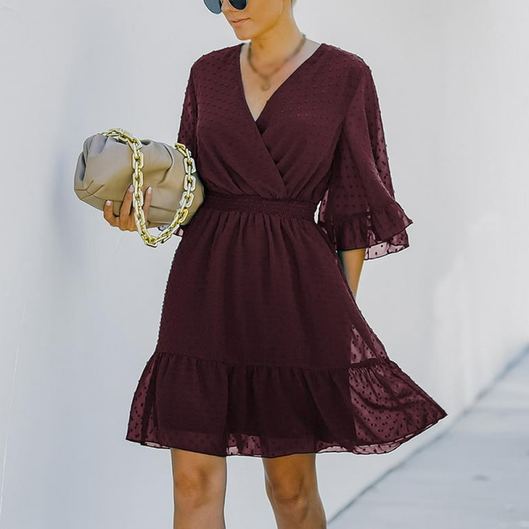 flowy chiffon dress short Women Mini Dress, Swiss Dot Flowy Chiffon Dress V Neck Elastic Waist See  Through Flare Sleeve Ruffle Hem Short Dresses