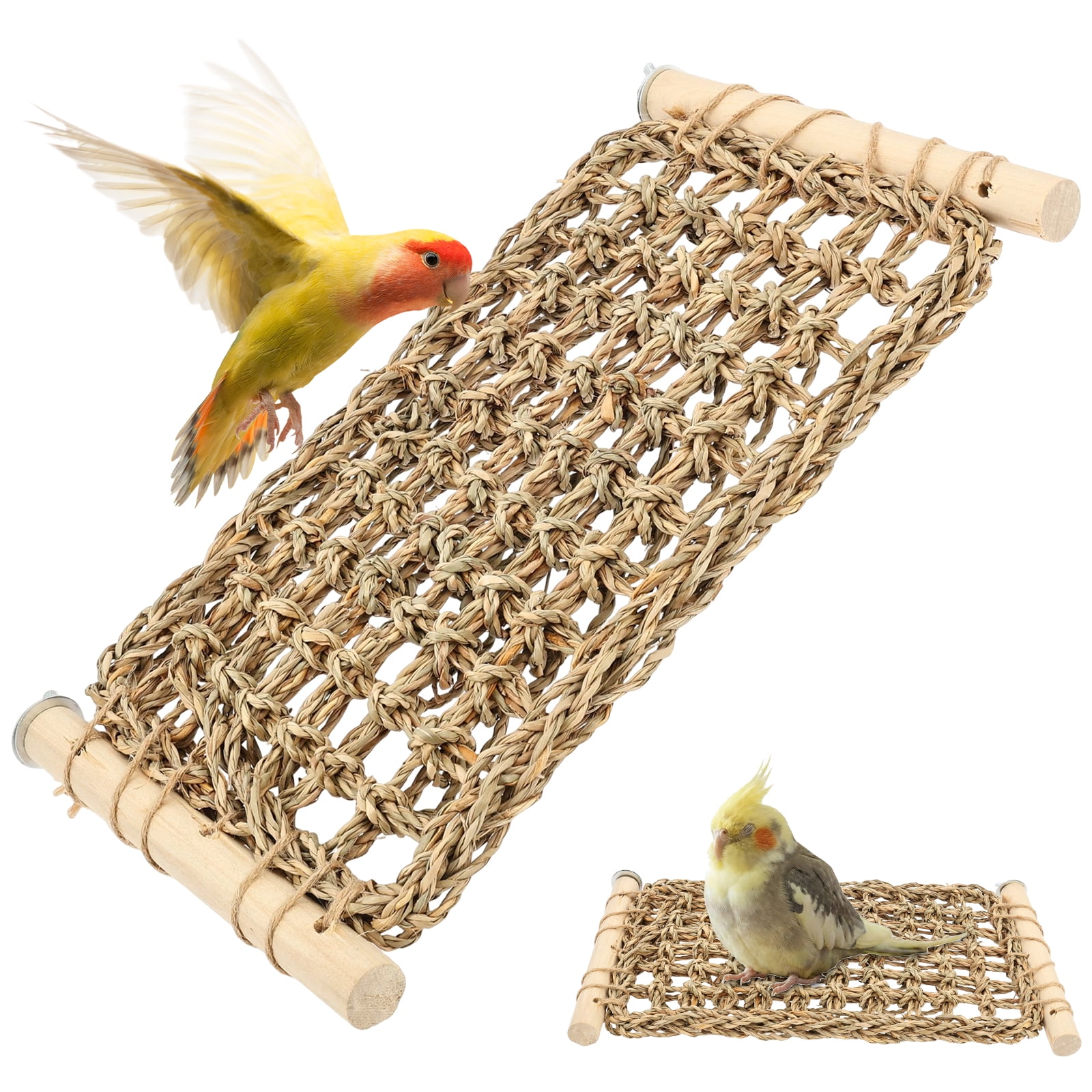 Conure Ladder Perch for Cage, Bird Seagrass Ladder Bridge Exercise Stands, Natural Hand-Woven Parrot Net Climbing Chewing Hammock, Cage Accessories for Lovebird Conure Budgie Parakeet