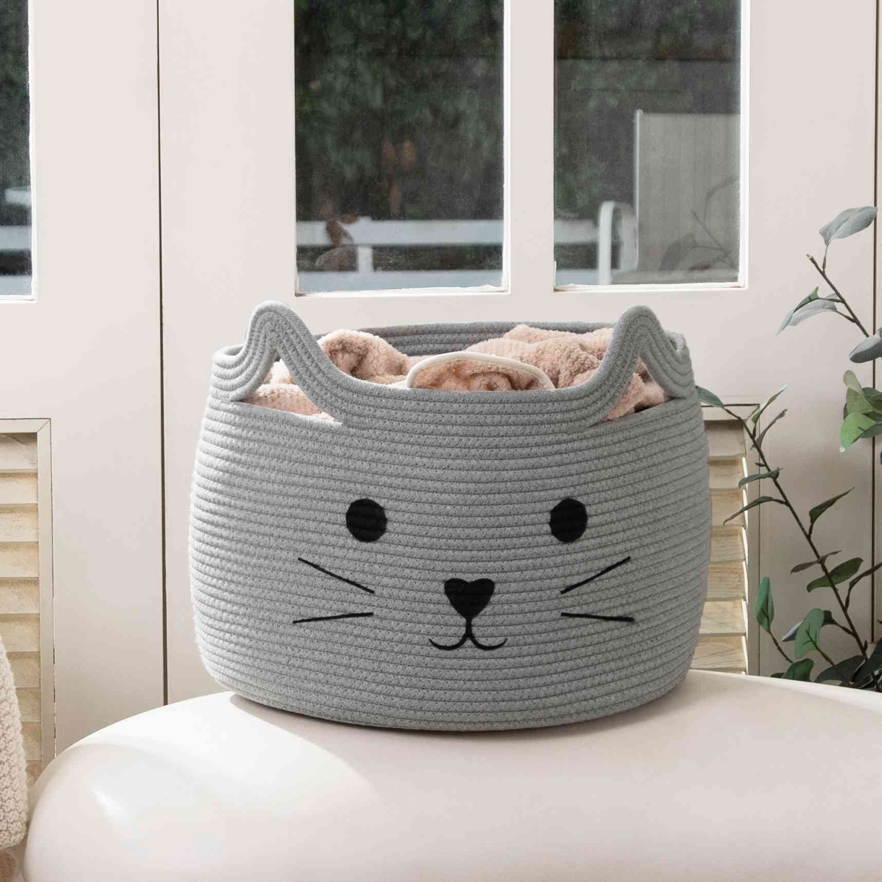 Timeyard Animal Baskets Large Woven Cotton Rope Storage with Cute Cat Design Laundry Organizer for Towels, Blanket, Toys, Clothes, Gifts – Cat Toy Box Pet or Baby Gift Baskets