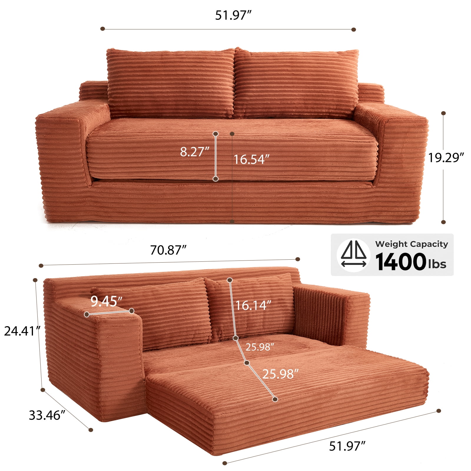 GNIXUU 70.8" Loveseat Sofa Bed Boneless Couch ,Corduroy Cloud 2 in 1 Convertible Sleeper Sofas with Fixed-Shape Frame, Comfy Deep Seat Folding Couches for Living Room, Apartment,Office,Orange