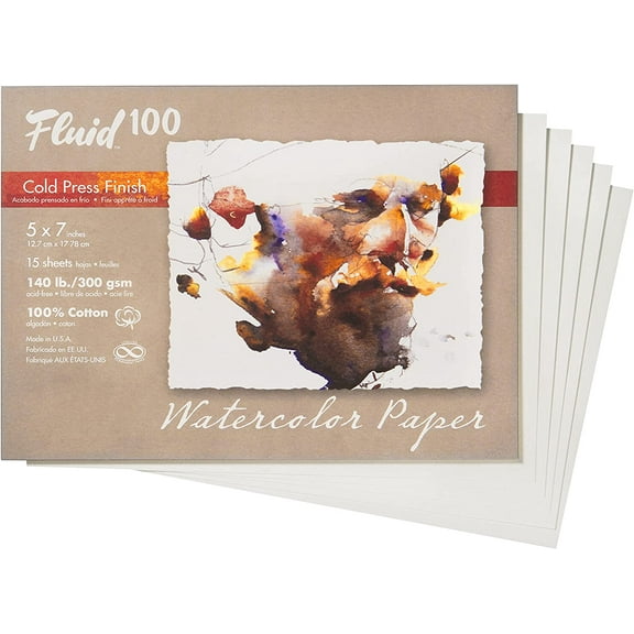Speedball Fluid 100 Artist Watercolor Paper, 140 lb (300 GSM) 100% Cotton Cold Press for Watercolor Painting and Wet Media, 5 x 7 Pochette, 15 Sheets