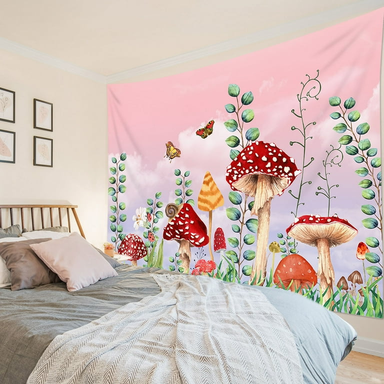 Mushroom Tapestry for Bedroom Aesthetic Retro Butterfly Pink Blue Sky and White Cloud Wall Tapestry Green Plant Floral Botanical Tapestry Wall Hanging