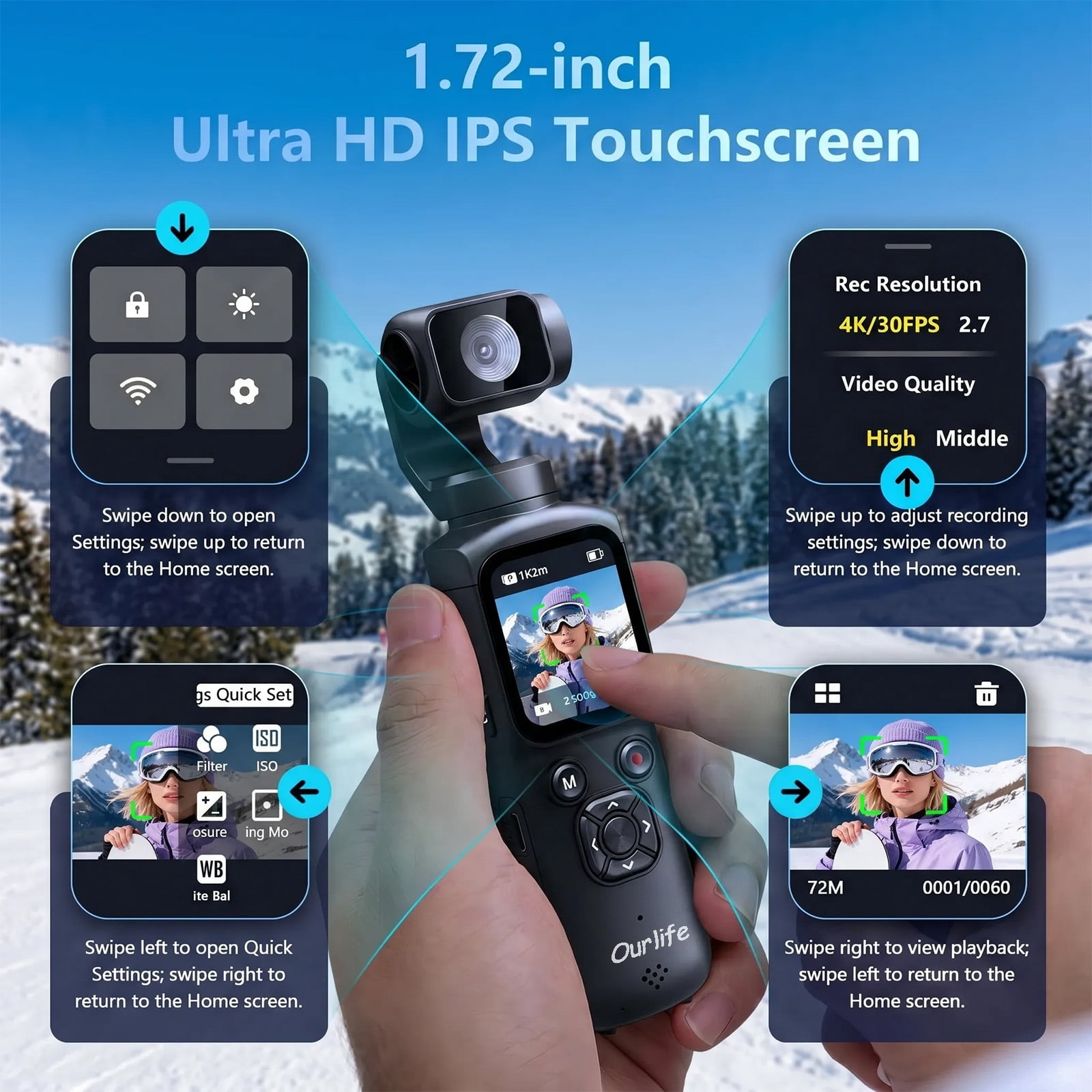 Ourlife 4K Digital Camera with 330° Rotating Gimbal, 1.72" Touch Screen, Face Tracking, 2400mAh Battery, 64GB Card, Pocket Camera for Vlogging