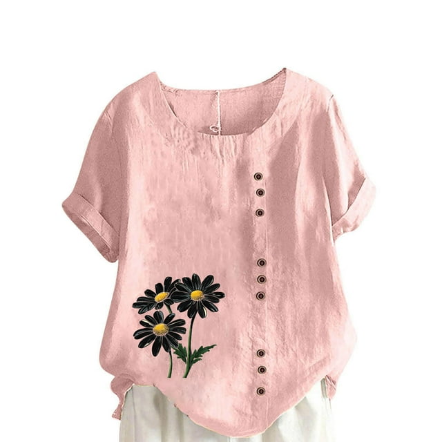 Vestidos Casuales Para Mujer, Blusas De Mujer De Moda Blusa informal de lino con botones y manga corta estampada para mujer