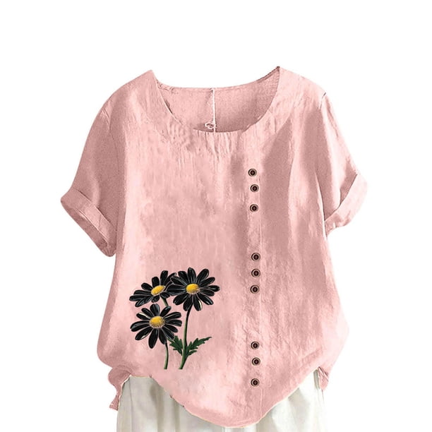 Vestidos Casuales Para Mujer, Blusas De Mujer De Moda Blusa informal de lino con botones y manga corta estampada para mujer