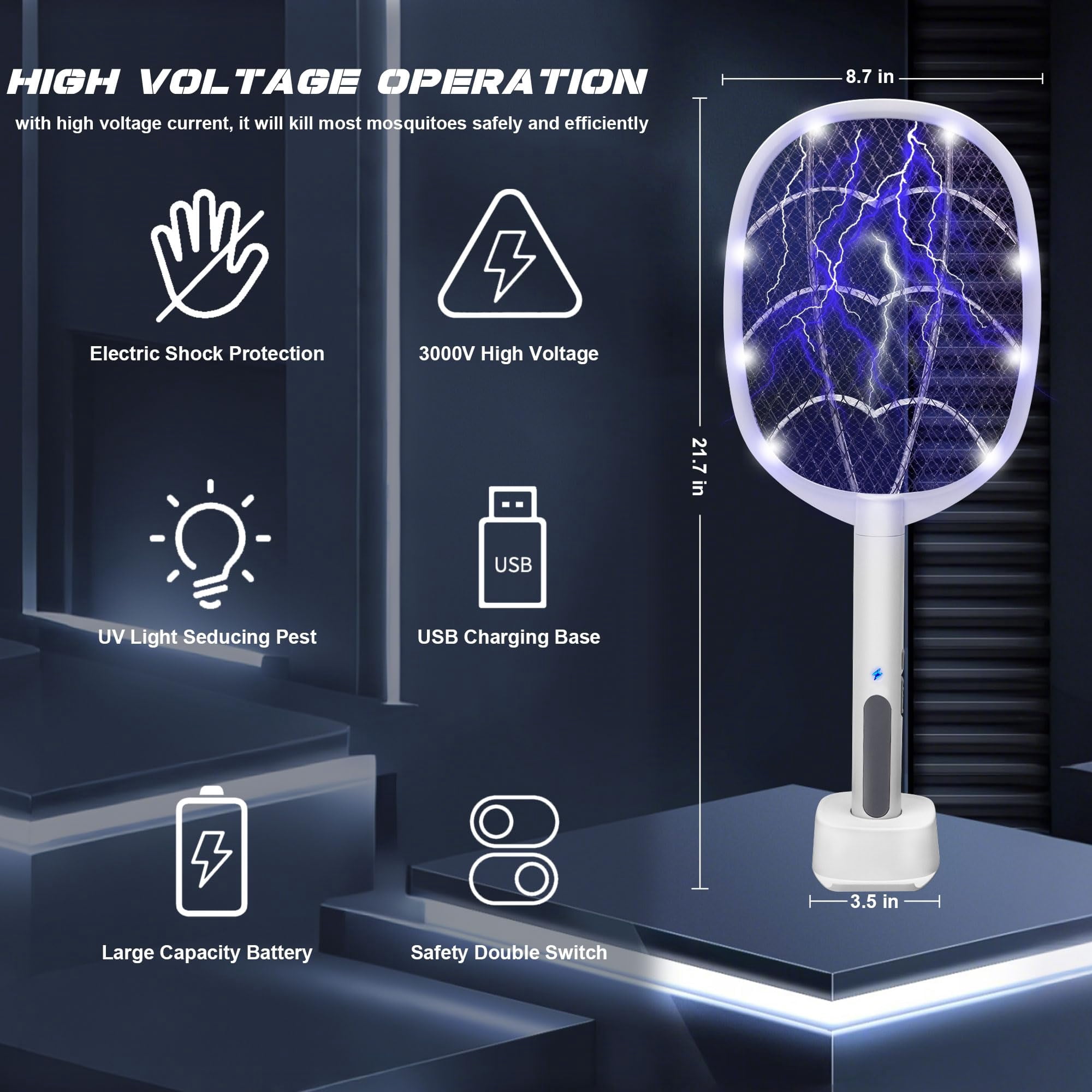 3 Packs Electric Fly Swatter Rackets  2-in-1 Handhold Zapper With 3000v High Plug-in Mosquito Killer Insect Light 3 Layer Safety Mesh Portable For Indoor Outdoor Use