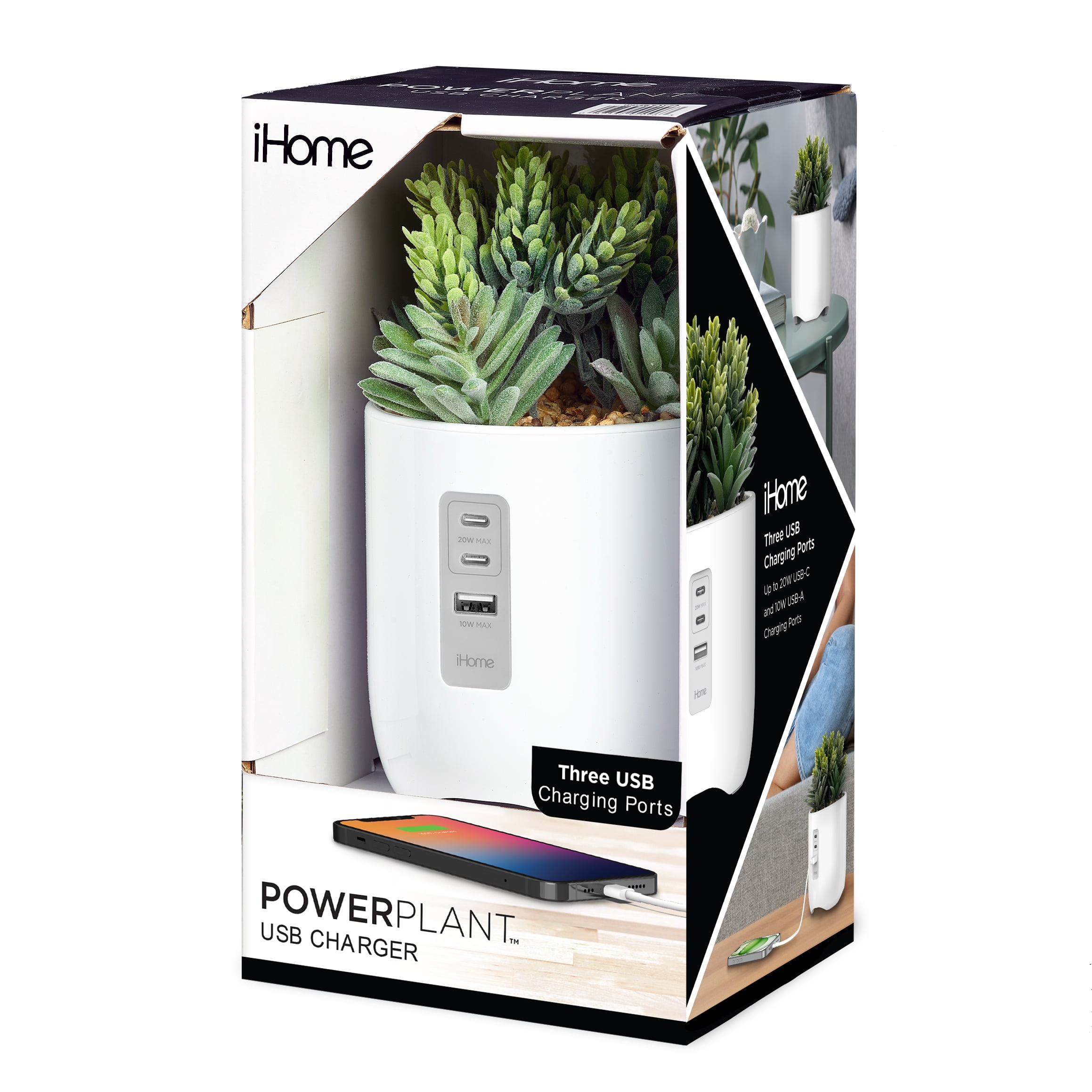 iHome - iPP45W Station de recharge plant avec plusieurs ports de chargement USB - Blanc