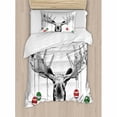 thumbnail image 3 of Moose King Size Duvet Cover Set, Christmas Moose with Xmas Ornaments Balls Hanging from Horns Funny Noel Sketch Art, Decorative 3 Piece Bedding Set with 2 Pillow Shams, Multicolor, by Ambesonne, 3 of 3