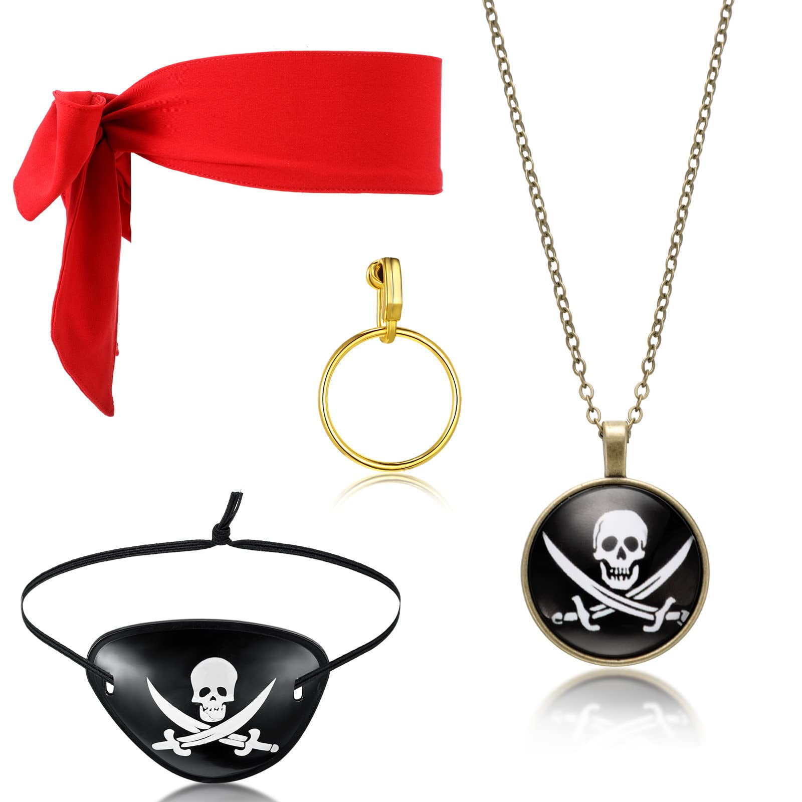 4pcs Pirate Costume Accessories Set Women's Hoop Earrings Felt Pirate Eye Patches Skull