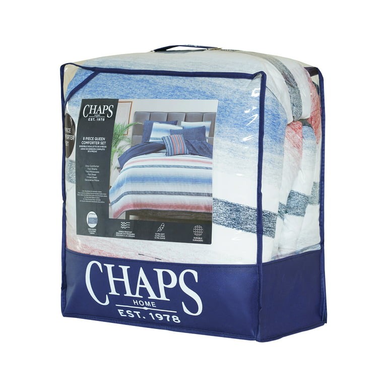 Chaps 8-Piece Stripe Bedding Comforter Set - Bed in a Bag Reversible to  Solid - Blue - Size King 