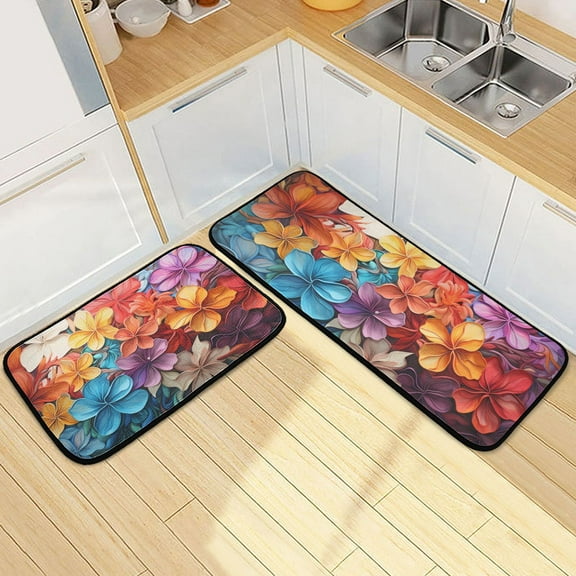 Colorful Floral Flowers Kitchen Mats Set 2 Piece Non Slip Floor Foam Rugs Cushioned Soft Waterproof Carpet Runner for Dining Room Bathroom Laundry