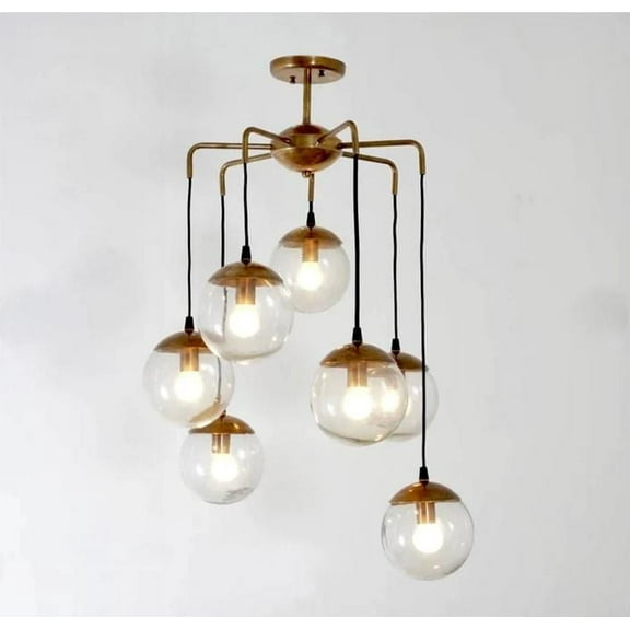 Mid Century Modern Bubbles Chandelier - Handcrafted Brass and Glass Globe Pendant Light Fixture for Dining Room, Living Room, or Kitchen