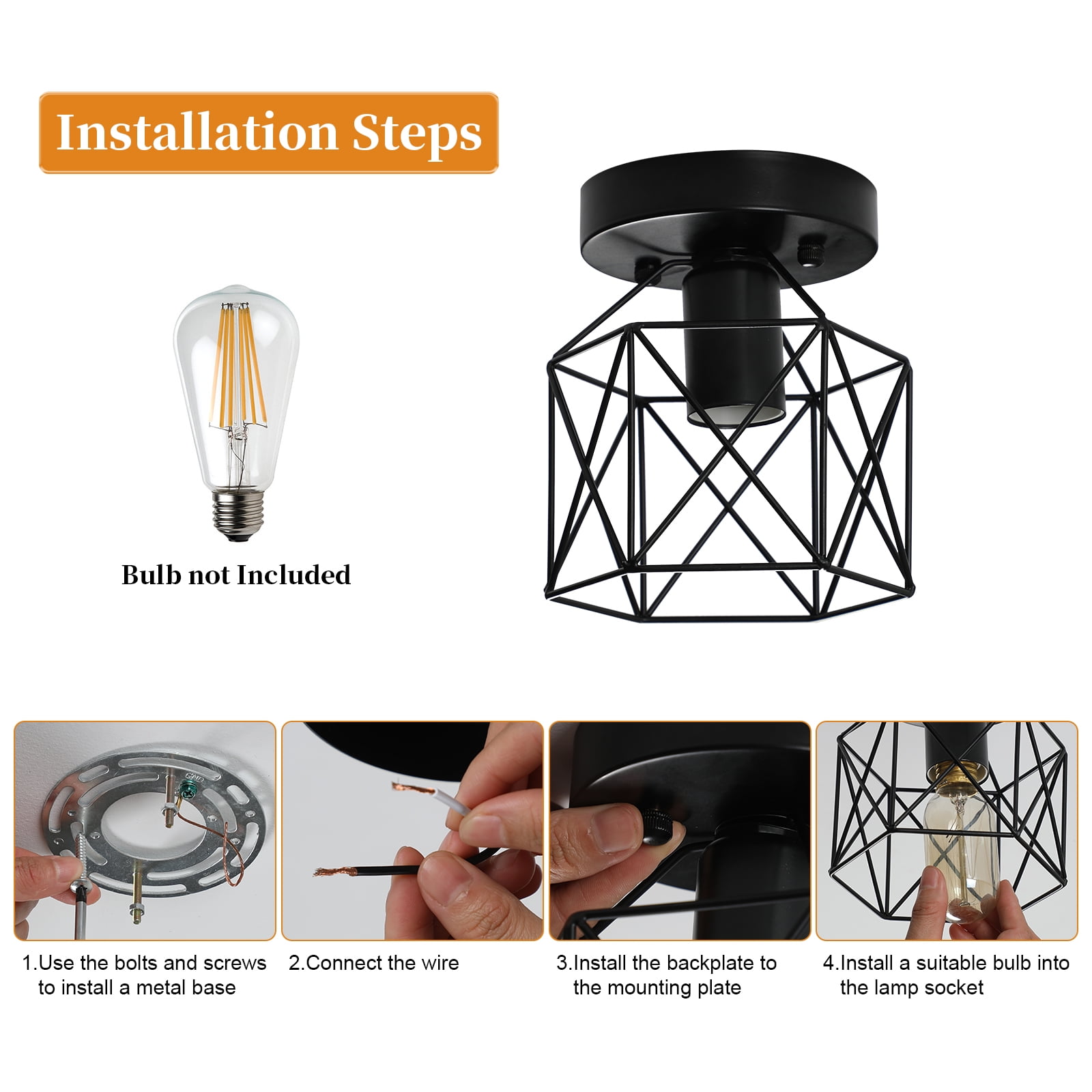 Industrial Metal Cage Flush Mount Ceiling Light Fixture - E26 for Kitchen and Bedroom Lighting