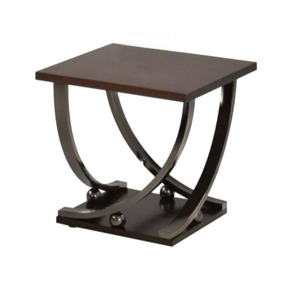 Wood and Metal End Table with Sweeping Legs in Dark Walnut Brown and Black