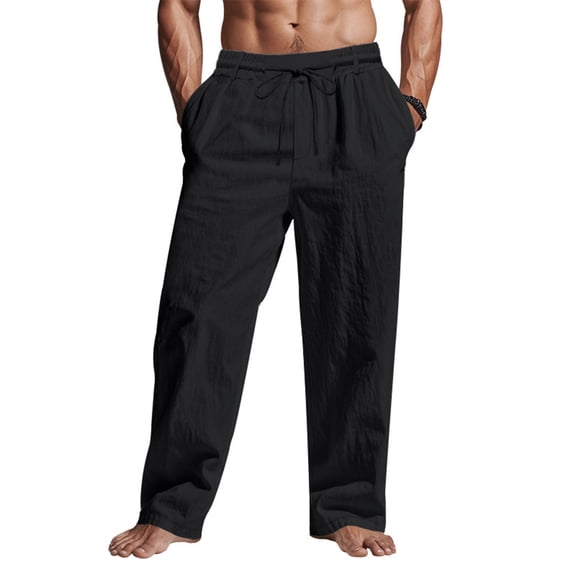 Men's Linen Pants Lightweight Drawstring Elastic Waist Pockets Loose Fit Straight Legs Summer Beach Yoga 3XL