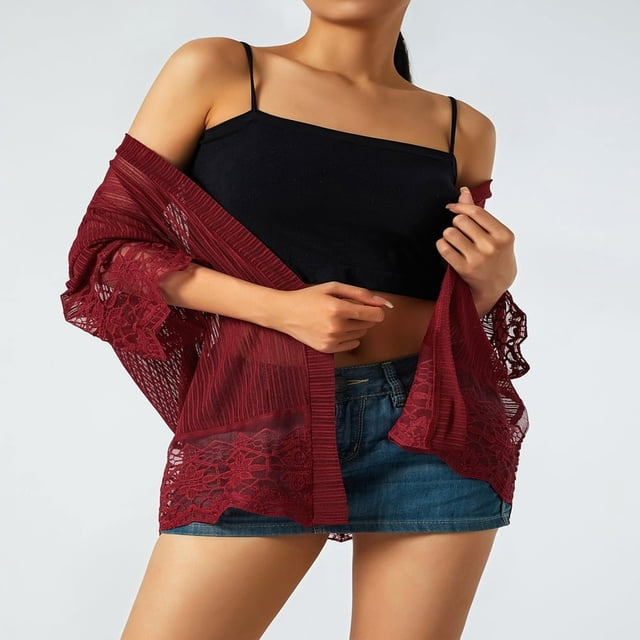Women Open Front Shrug Ladies Short Sleeve Solid Color Lace Patchwork Sheer Bolero Cover Up