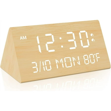 Wooden Digital Alarm Clock, 0-100 Percent Dimmer, 2 Alarm Settings, Weekday/Everyday Mode, 9 Mins Snooze, 12/24H, Temperature and Date Display for Office, Travel, Bedroom Alarm Clock (Bamboo)
