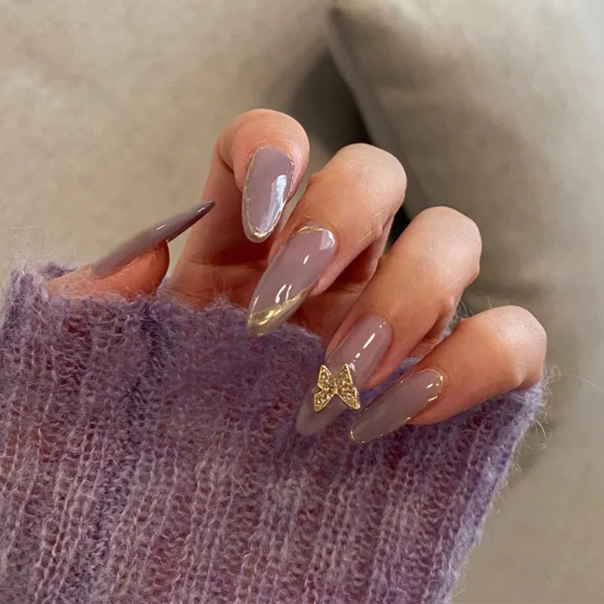 Long Coffin Nail Patch 24 Pcs Save Time Jelly Fake Nail Piece with  Butterfly Decor Manicure for Nail Salon Art Diy New Jp971 Smoky Purple Gold  Edge Butterfly Fake Nail Nail Glue -