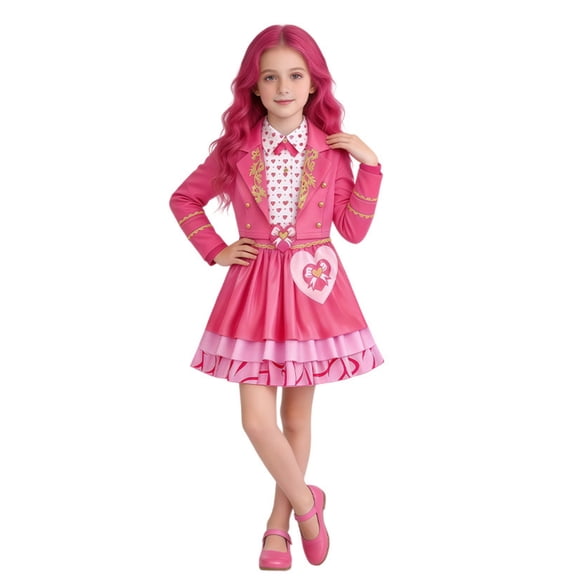 Pink Wonderland Costume Dress, Heart Print Long Sleeve Fantasy Princess Halloween Cosplay Party Outfit