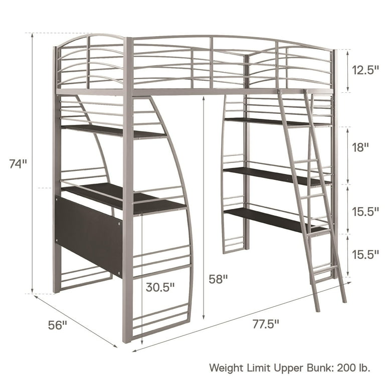 DHP Studio Metal Loft Bed with Desk and Shelves Silver Gray Twin