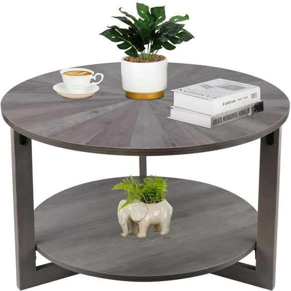 Round Coffee Table with Storage, Mid Century Modern Engineered Wood Coffee Table, Small Coffee Tables for Living Room, Grey Tea Table, Rustic Wooden Circle Center Table Living Room Furniture
