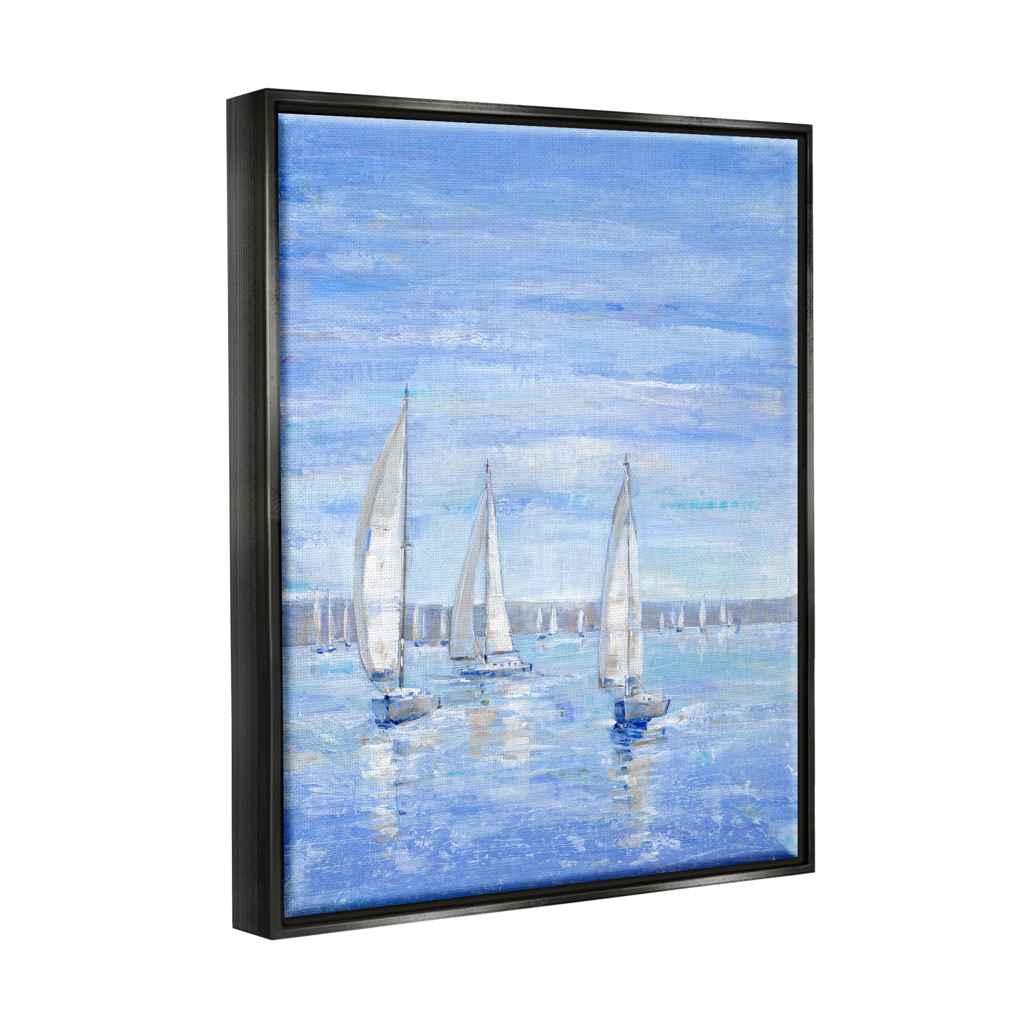 Stupell Industries Blue Sailboat Fleet Transportation Painting Black Floater Framed Canvas Art Print Wall Art, 17 x 21