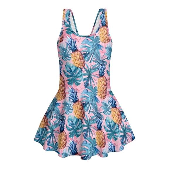 Xoenoiee Tropical Pineapple Palm Leaves Print Girls One Piece Swimsuits Sleeveless Swim Dress for Girls Hawaiian Skirted Bathing Suit Summer Swimwear, 3-4 Years