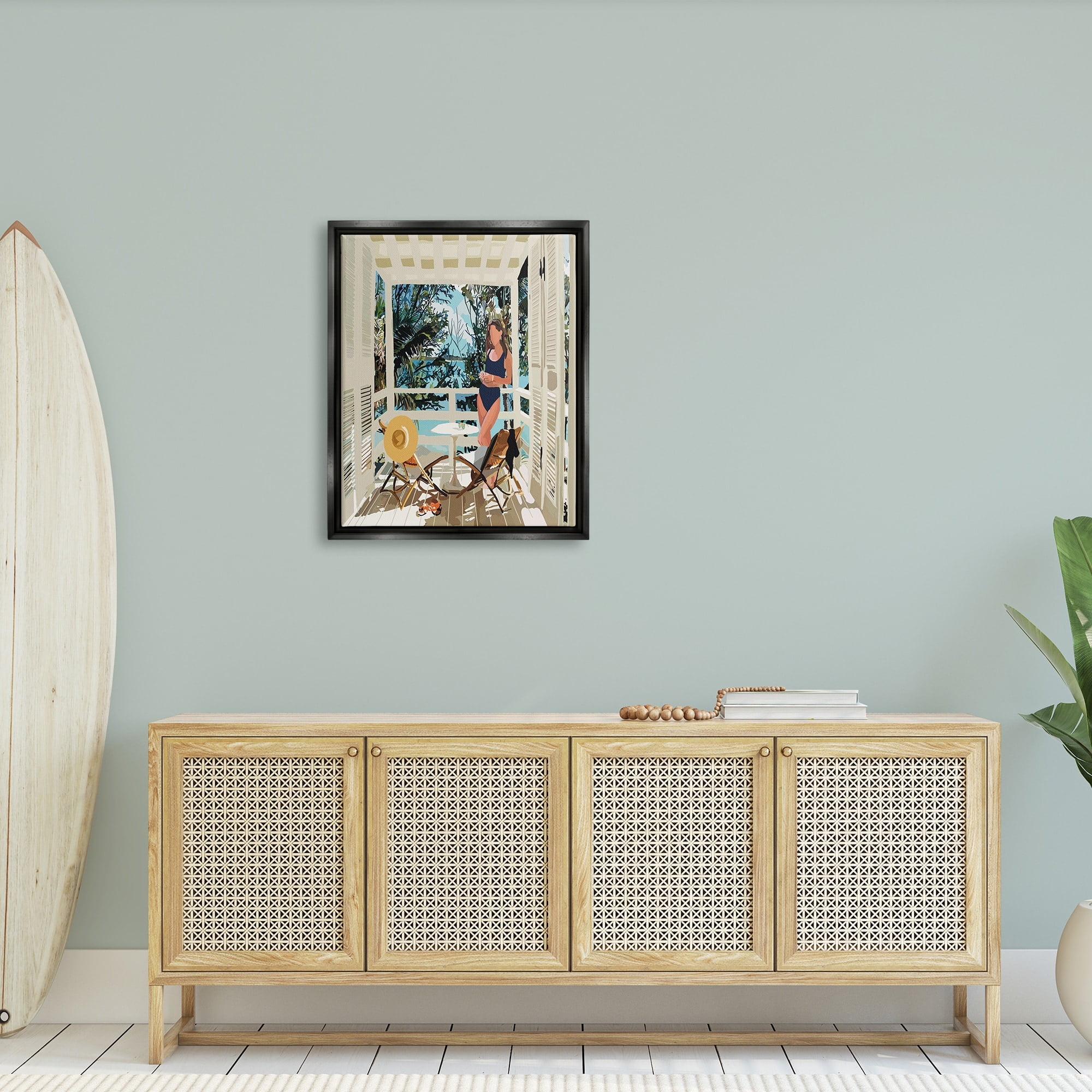 Stupell Industries Woman Coastal Beach Canopy Summer Ocean Scene Graphic Art Jet Black Floating Framed Canvas Print Wall Art, Design by Amelia Noyes