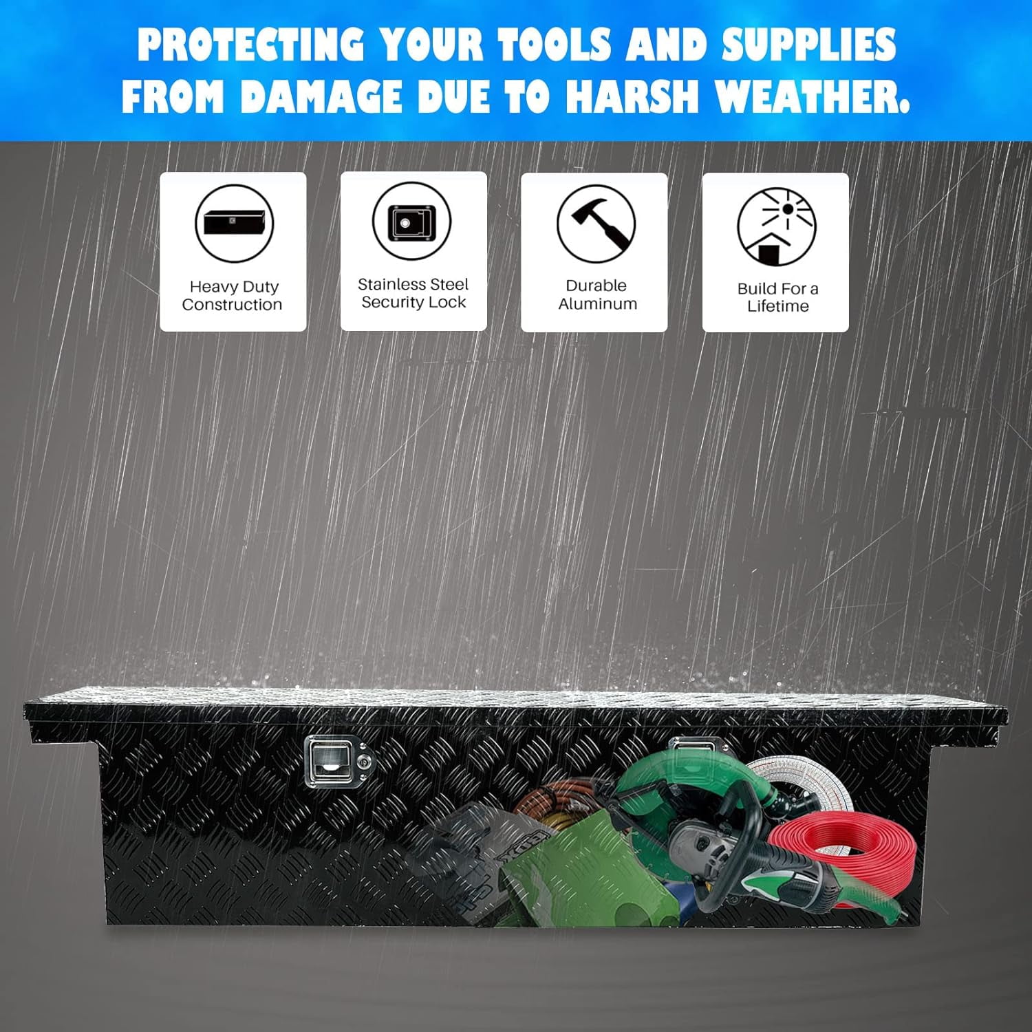 Confote 63"X12"X14" Heavy Duty Pickup Truck Bed 5 Bar Tread Tool Box Trailer Storage Tool Box roam adventure storage box with Lock and Key