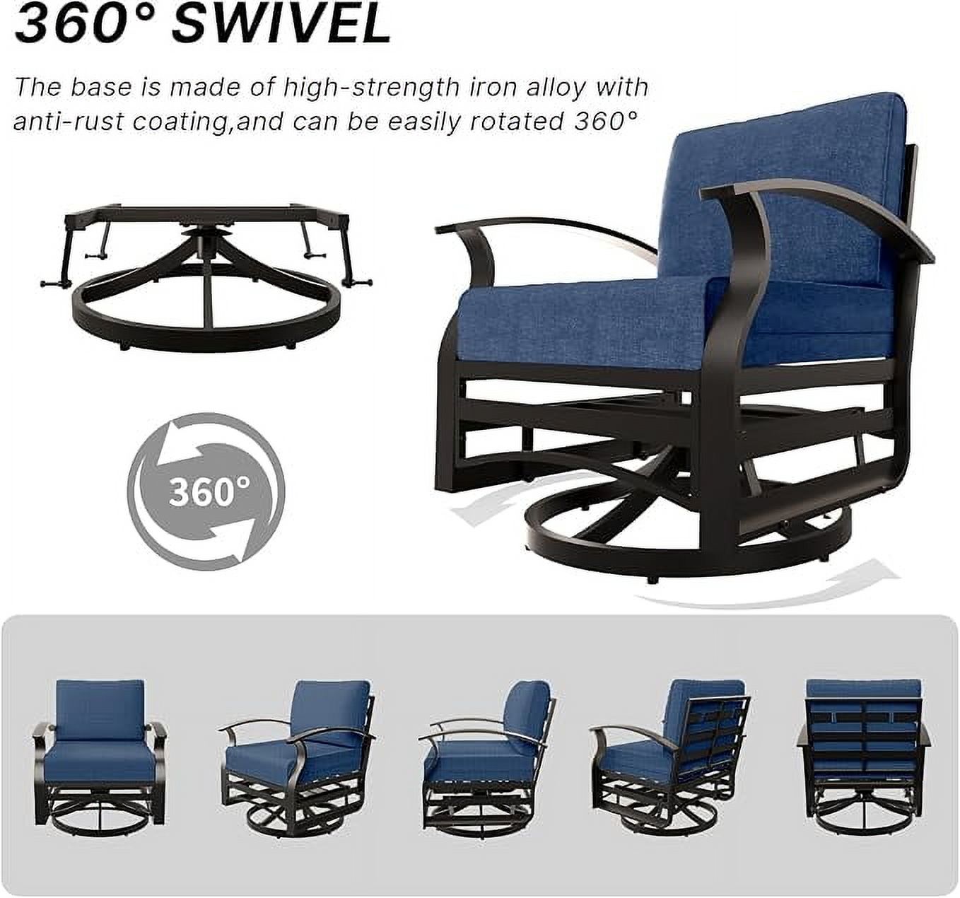 ALAULM 3 Piece Patio Outdoor Aluminum Metal Swivel Rocking Chair with 1 Coffee Table and 2 Navy Padded Cushions Outdoor Metal Swivel Rocking Chair Furniture Conversation Set for Porch Garden