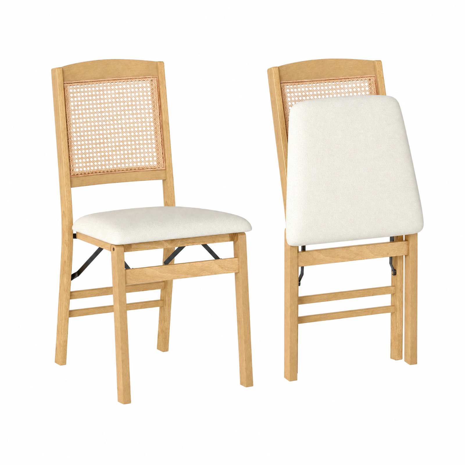 Furnibear Folding Dining Chairs Set of 2 Rubber Wood Chairs with Linen Padded Seat for Kitchen Dining Room Living Room Home, Natural
