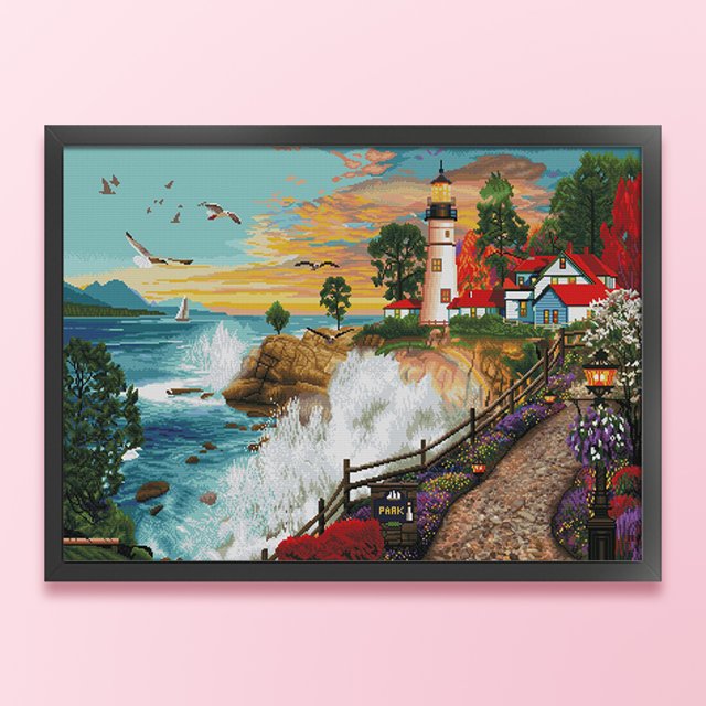 Cuadros Decorativos Bordado completo Hilo de algodón ecológico 11CT Kit de punto de cruz contado junto al mar (ACC-097) Wdftyju embutido en tela