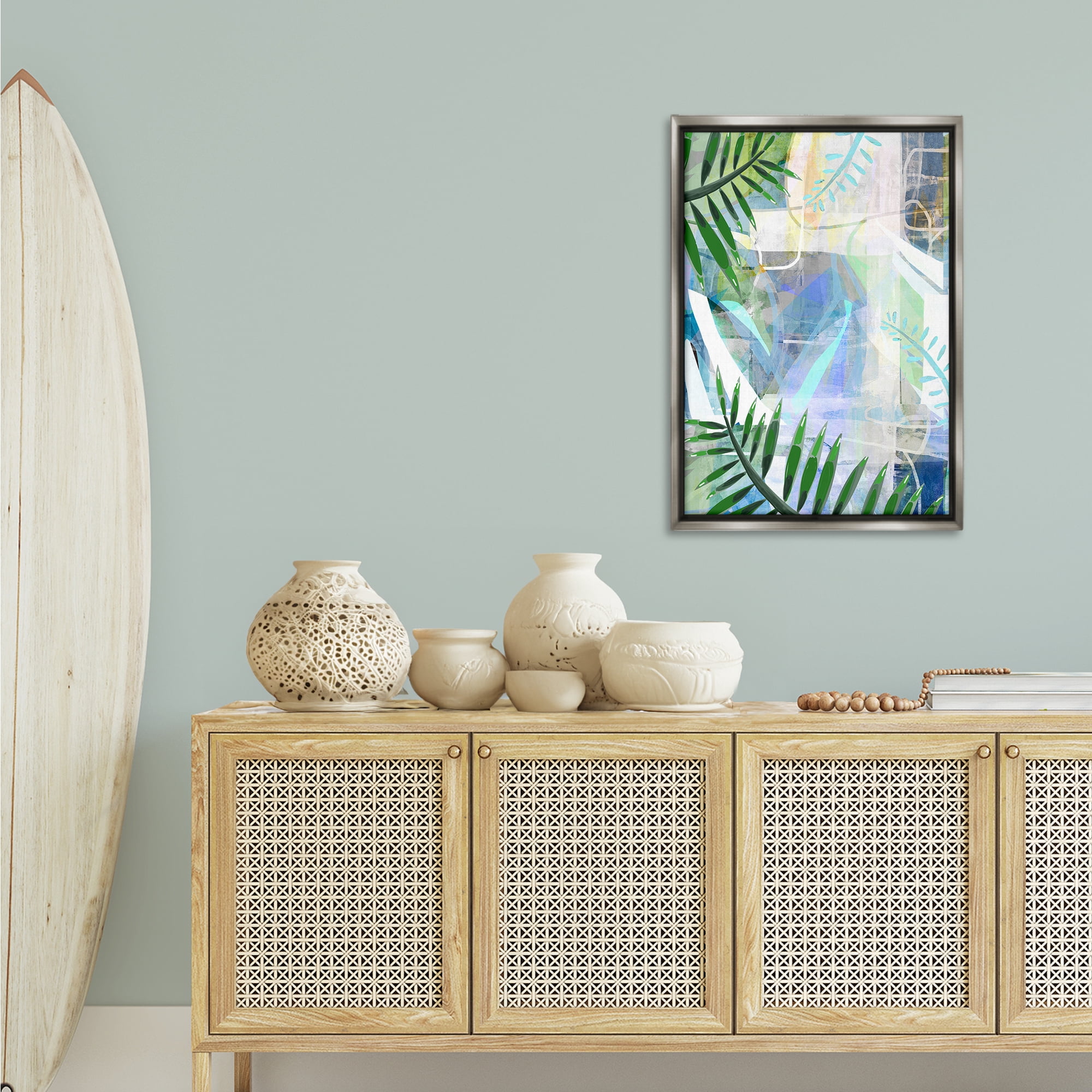 Stupell Industries Geometric Tropical Leaves Coastal Painting Gray Floater Framed Canvas Art Print Wall Art, 21 x 31