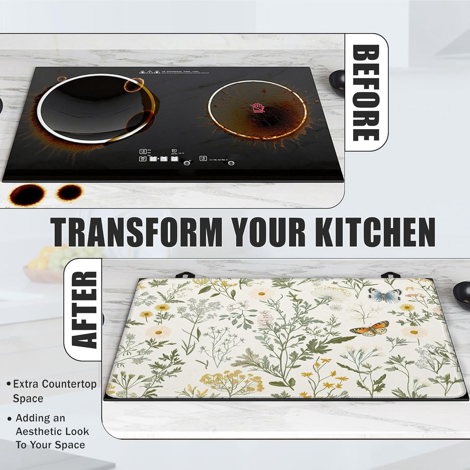 Spring Floral Glass Top Stove Cover Protector,Rustic Wild Flower Heat Resistant Stove Top Cover, Large Size Range Covers for Electric Stove Countertop Mat, 28 x 20 Inch