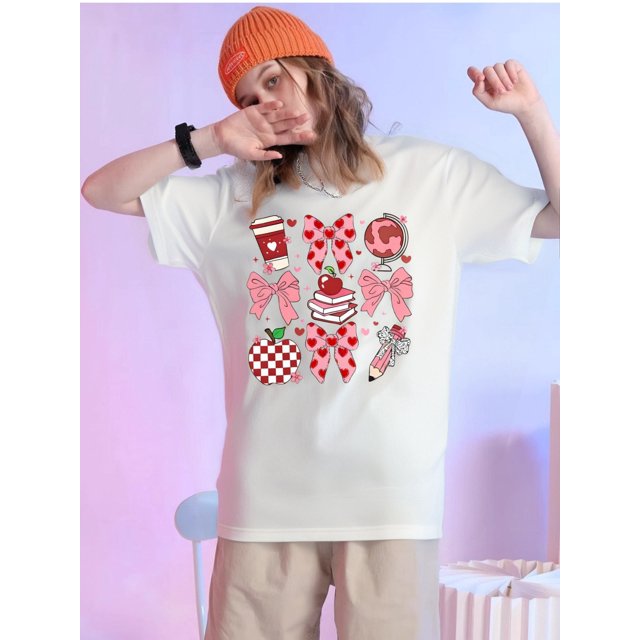 Camiseta con estampado gráfico de San Valentín para maestras, manga corta y cuello redondo, informal, para verano y primavera, para mujer, para deportes de ocio.