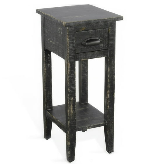 Rena Chairside Table w Drawer and Shelf, 14 Inch Black Mahogany Wood