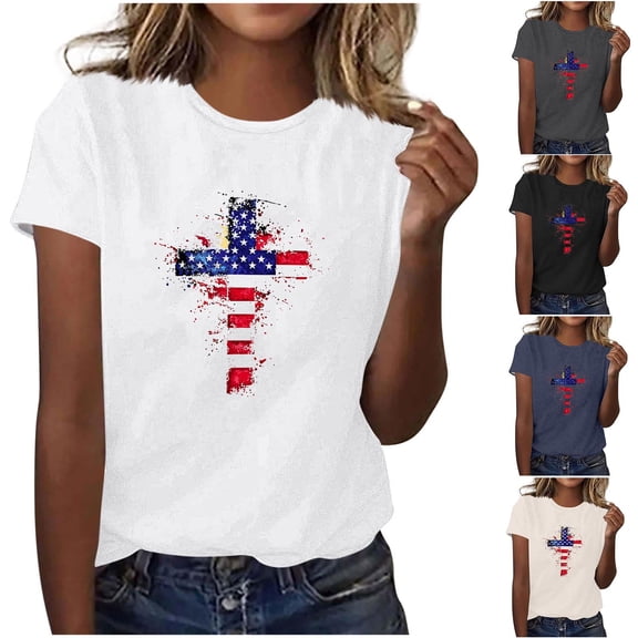 Goodtrade8 Womens Summer Shirts USA Years Anniversary Short Sleeve Pullover 4th of July Crew Neck Independence Day Red White and Blue Patriotic Casual Shirts for Women Graphic