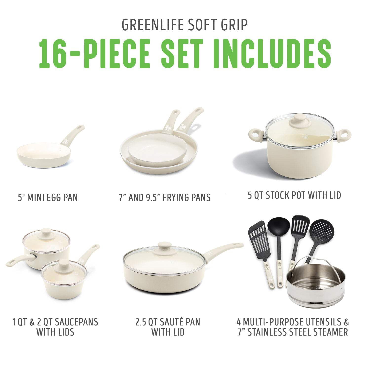 GreenLife 16 Piece Soft Grip Cookware Set, Non-Toxic Ceramic Nonstick, Cream
