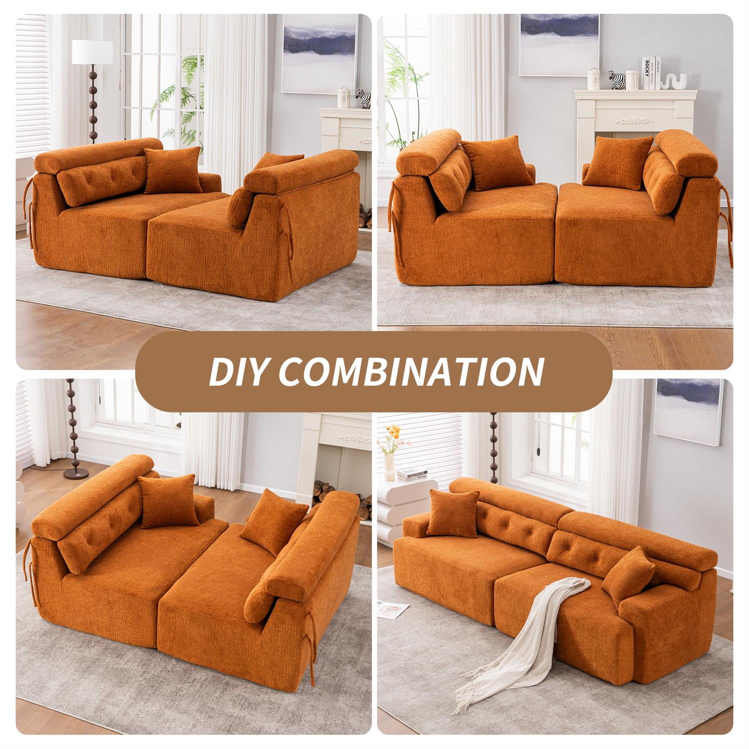 Demi Bonn 103" 4-Seater Compression Sofa Couch with Wood Grain Chenille Fabric, Full Sponge Cushion and 2 Cozy Pillows for Living Room, Orange
